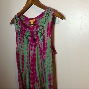 Klozlyne | Coconut Girl Pink & Green Tie Dye Scarf Hem Embroidered Dress